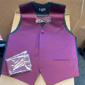 Plum Satin Vest, Bow tie, and Hanky Medium Long New